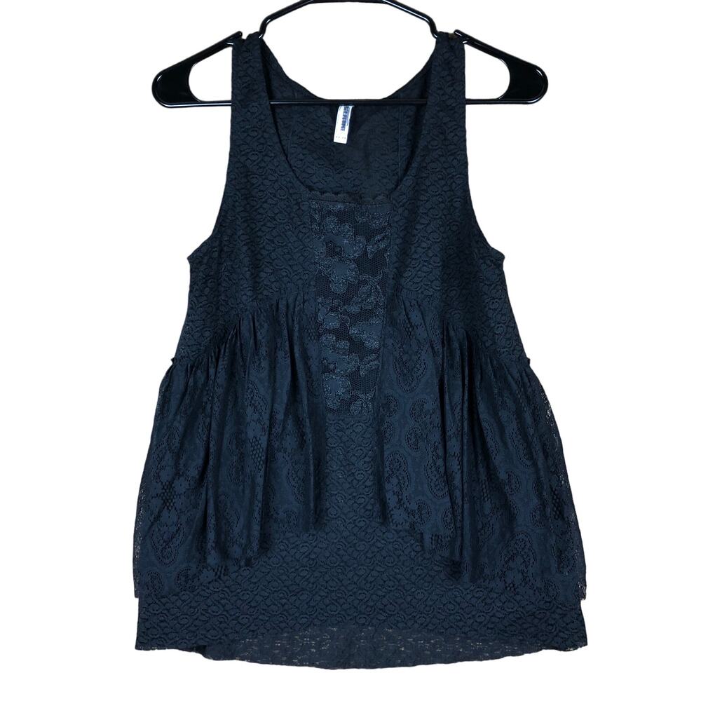 Free People Womens Blouse Black Flowy Lace Tank Ruffles Sheer Stretch XS